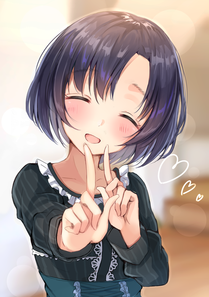 Anime picture 1400x1991 with idolmaster idolmaster cinderella girls idolmaster cinderella girls starlight stage shiragiku hotaru satoimo chika single tall image blush fringe short hair open mouth black hair smile upper body eyes closed long sleeves head tilt blurry depth of field lens flare