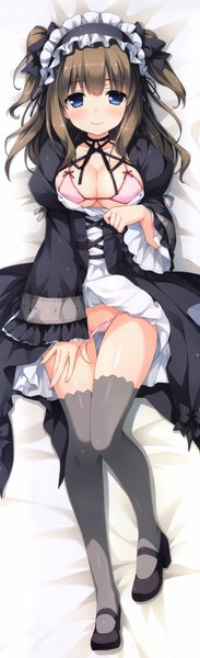 Anime picture 2288x7466 with berry's houkou yuuka sakura koharu single long hair tall image blush highres breasts blue eyes light erotic brown hair full body dakimakura (medium) girl thighhighs dress underwear panties lingerie