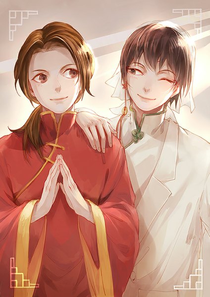 Anime picture 600x848 with axis powers hetalia hoozuki no reitetsu studio deen wit studio china (hetalia) hakutaku (hoozuki no reitetsu) joey tall image fringe short hair black hair smile brown hair looking away ponytail traditional clothes one eye closed wink black eyes multiple boys
