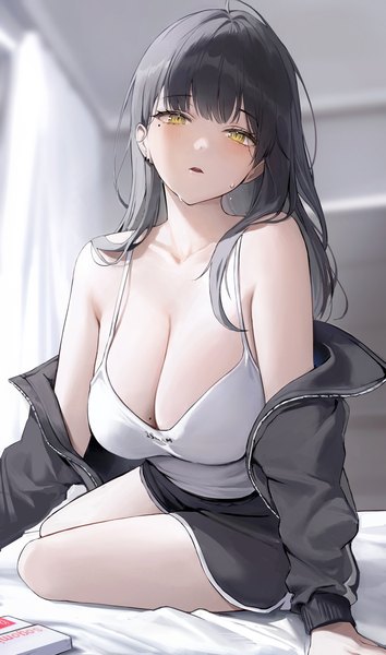Anime picture 2000x3386 with original 2sham single long hair tall image looking at viewer blush fringe highres breasts open mouth light erotic black hair large breasts sitting yellow eyes indoors blunt bangs blurry off shoulder