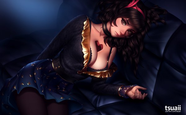 Anime picture 1280x794 with original mea (jonathan hamilton) tsuaii single long hair looking at viewer fringe breasts light erotic black hair wide image large breasts brown eyes signed cleavage nail polish fingernails lips realistic dutch angle