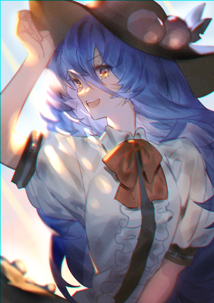 Anime picture 1003x1416 with touhou hinanawi tenshi uu uu zan single long hair tall image looking at viewer fringe open mouth hair between eyes yellow eyes blue hair upper body :d profile teeth puffy sleeves turning head adjusting hat girl