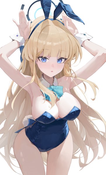 Anime picture 2126x3508 with blue archive toki (blue archive) toki (bunny) (blue archive) shi classmate single long hair tall image highres breasts blue eyes light erotic simple background blonde hair large breasts standing white background animal ears tail animal tail leaning