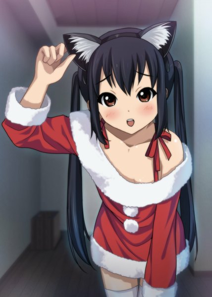 Anime picture 1140x1599 with k-on! kyoto animation nakano azusa ryunnu single long hair tall image looking at viewer blush open mouth black hair twintails brown eyes animal ears cat ears loli fur trim girl fur santa claus costume