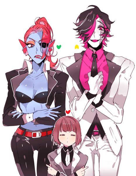 Anime picture 733x943 with undertale frisk (undertale) mettaton (undertale) undyne (undertale) piyo (ppotatto) long hair tall image fringe short hair breasts open mouth light erotic black hair simple background red eyes brown hair white background pink hair ponytail red hair