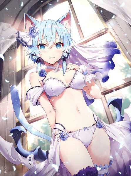 Anime picture 744x1000 with sword art online a-1 pictures asada shino gabiran single tall image fringe short hair blue eyes light erotic hair between eyes standing animal ears blue hair indoors tail animal tail cat ears from below cat girl