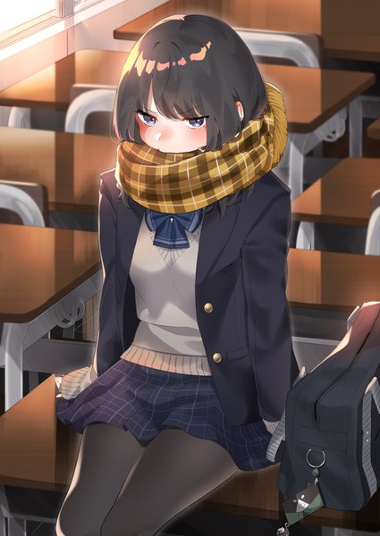 Anime picture 1075x1518 with original sino42 single tall image looking at viewer blush fringe short hair black hair sitting indoors sunlight open clothes arm support grey eyes sleeves past wrists plaid skirt covered mouth classroom girl
