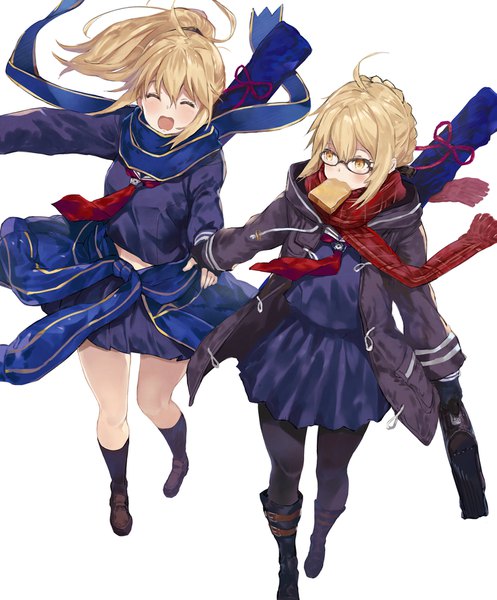 Anime picture 1461x1764 with fate (series) fate/grand order fate/stay night artoria pendragon (all) mysterious heroine x (alter) (fate) mysterious heroine x (fate) mysterious heroine x alter (first ascension) (fate) master artoria tokopi long hair tall image blush simple background blonde hair white background multiple girls yellow eyes ahoge eyes closed pleated skirt