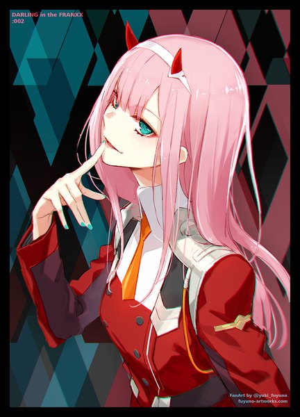 Anime picture 1547x2147 with darling in the franxx studio trigger zero two (darling in the franxx) yuranpo single long hair tall image looking at viewer blush fringe open mouth hair between eyes pink hair upper body long sleeves nail polish parted lips horn (horns) aqua eyes fingernails