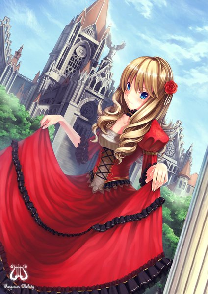 Anime picture 707x1000 with original dopollsogno single long hair tall image looking at viewer blush blue eyes blonde hair sky cloud (clouds) hair flower drill hair girl dress hair ornament flower (flowers) castle