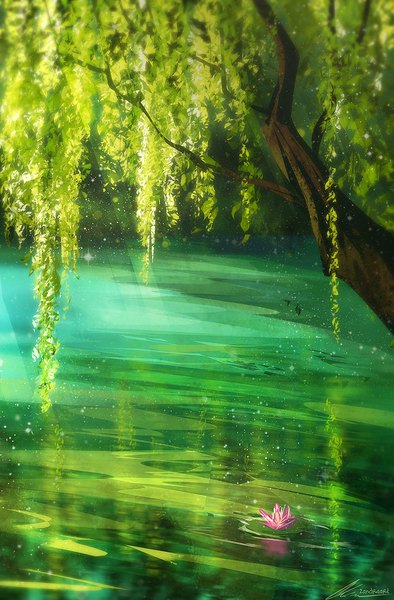 Anime picture 655x996 with original zandraart tall image signed sunlight no people scenic river nature flower (flowers) plant (plants) tree (trees) water water lily lotus pond