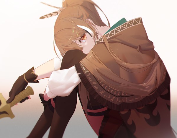 Anime picture 1699x1322 with virtual youtuber hololive hololive english nanashi mumei nanashi mumei (1st costume) reirz single long hair looking at viewer fringe simple background hair between eyes brown hair ponytail orange eyes gradient background girl gloves black gloves feather (feathers)