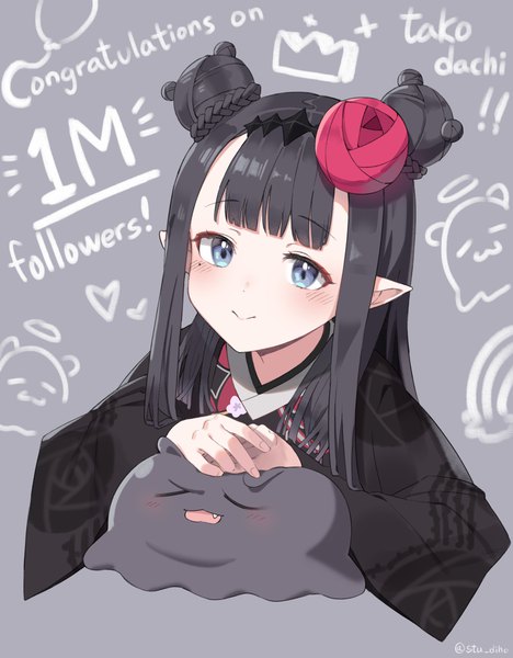 Anime picture 2494x3200 with virtual youtuber hololive hololive english ninomae ina'nis takodachi (ninomae ina'nis) ninomae ina'nis (4th costume) stu diho single long hair tall image blush fringe highres blue eyes black hair smile upper body blunt bangs pointy ears grey background