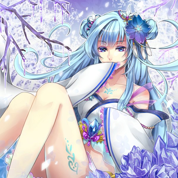 Anime picture 1000x1000 with original mamo (fortune-mm) single long hair looking at viewer blue eyes blue hair girl dress hair ornament detached sleeves
