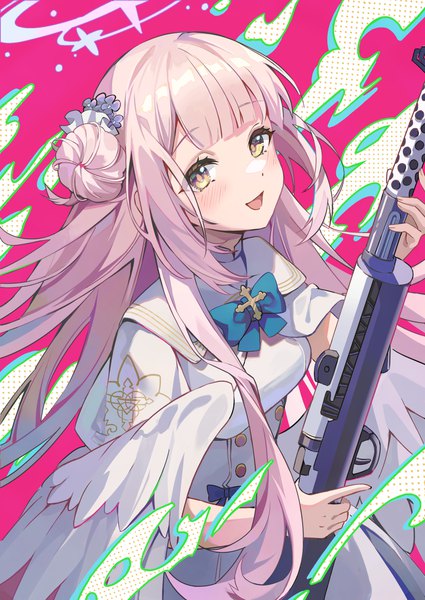 Anime picture 1075x1518 with blue archive mika (blue archive) hoshiko (419401x) single long hair tall image looking at viewer blush fringe open mouth yellow eyes pink hair blunt bangs :d from above hair bun (hair buns) girl weapon wings gun