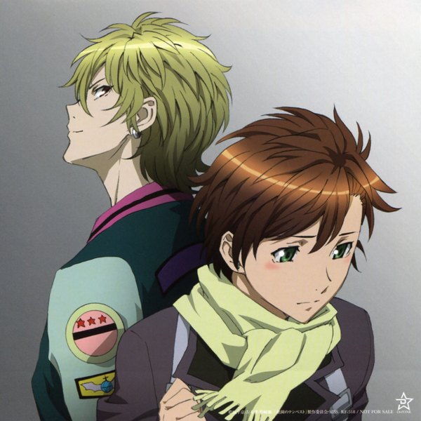 Anime picture 1600x1600 with zetsuen no tempest studio bones fuwa mahiro takigawa yoshino blush short hair blonde hair simple background smile red eyes brown hair green eyes multiple boys piercing back to back sad boy uniform hair ornament school uniform