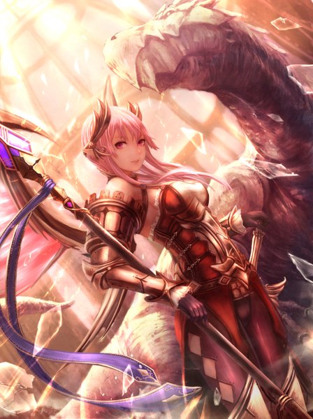 Anime picture 1984x2654 with original yazuwo single long hair tall image looking at viewer highres red eyes pink hair fantasy girl dress gloves hair ornament weapon sword black gloves dragon spear