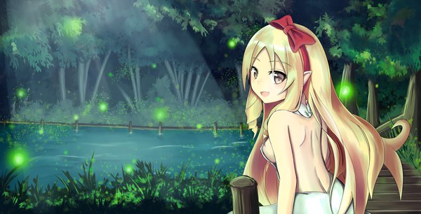 Anime picture 1986x1014 with eromanga sensei a-1 pictures yamada elf feyoi single long hair looking at viewer blush highres breasts open mouth light erotic blonde hair smile wide image standing bare shoulders brown eyes upper body outdoors