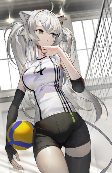 Anime picture 1622x2500 with virtual youtuber hololive shishiro botan scottie (phantom2) single long hair tall image fringe breasts hair between eyes standing holding animal ears payot looking away silver hair ahoge indoors tail parted lips