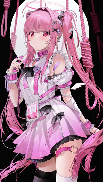 Anime picture 2267x4000 with original veinte (unxi) unxi single long hair tall image looking at viewer blush fringe highres red eyes standing twintails holding payot pink hair ahoge blunt bangs nail polish arm up
