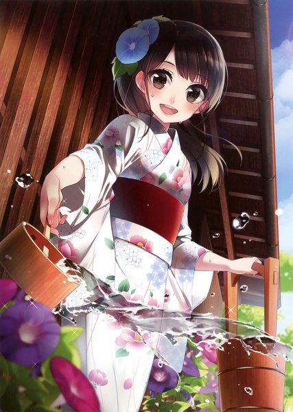 Anime picture 2494x3500 with original koruri single long hair tall image looking at viewer blush highres open mouth black hair brown eyes traditional clothes japanese clothes hair flower scan summer girl flower (flowers) water obi