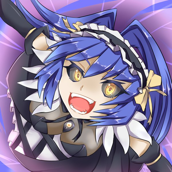 Anime picture 1024x1024 with chaos code celia ii kai kyuushiki single long hair looking at viewer fringe breasts open mouth light erotic simple background hair between eyes yellow eyes payot blue hair teeth fang (fangs) spread arms black sclera girl