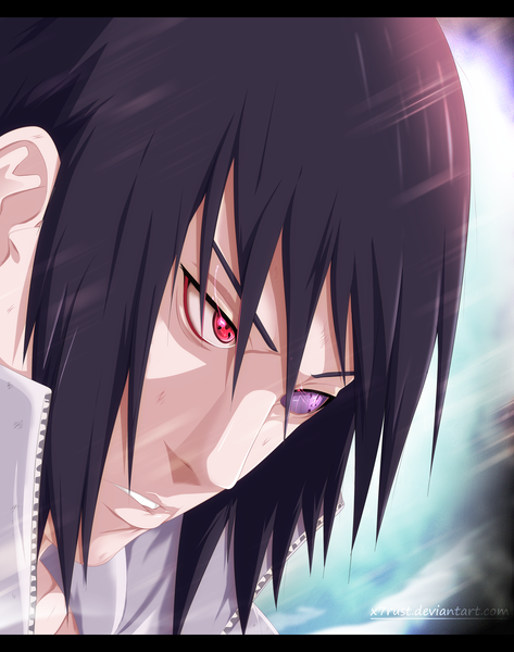 Anime picture 3000x3800 with naruto studio pierrot naruto (series) uchiha sasuke x7rust single tall image highres short hair black hair red eyes purple eyes sunlight heterochromia coloring letterboxed close-up face sharingan rinnegan