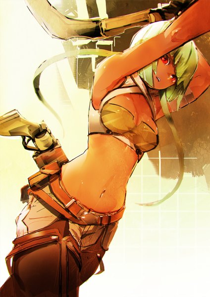Anime picture 1000x1414 with rwby rooster teeth emerald sustrai so-bin single tall image looking at viewer fringe short hair breasts red eyes bare shoulders holding parted lips green hair bare belly girl navel weapon belt