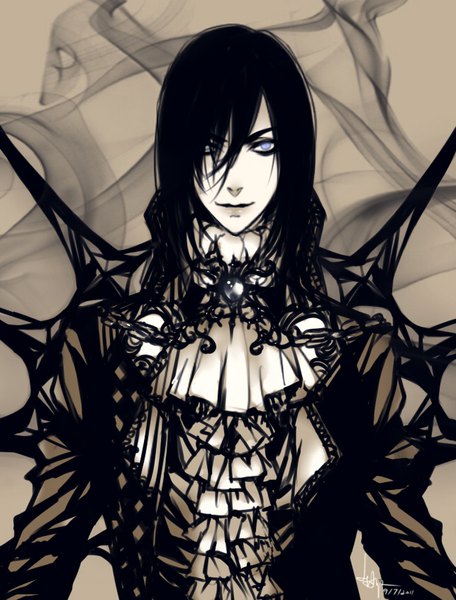 Anime picture 643x845 with dragon nest velskud leirix single long hair tall image looking at viewer fringe blue eyes black hair hair between eyes signed upper body light smile hair over one eye grey background monochrome boy frills gem