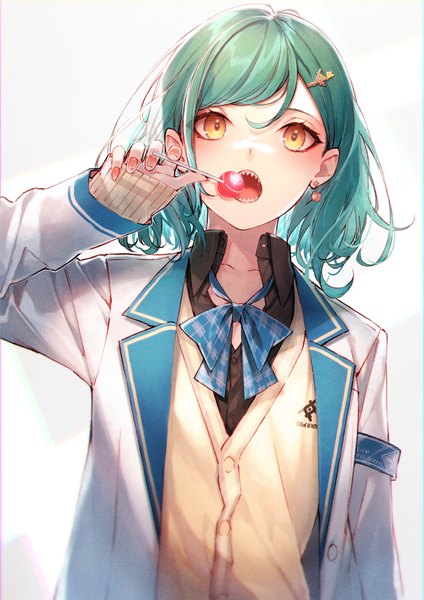Anime picture 2000x2833 with virtual youtuber nijisanji kitakouji hisui kuwashima rein single tall image looking at viewer highres short hair open mouth simple background white background yellow eyes upper body nail polish green hair teeth sleeves past wrists open collar sharp teeth