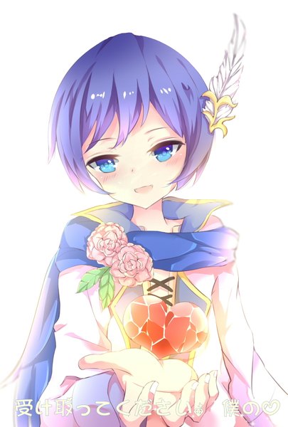 Anime picture 1181x1748 with vocaloid kaito (vocaloid) eiba tall image blush fringe short hair open mouth blue eyes simple background smile white background payot blue hair looking away head tilt blurry inscription outstretched hand otoko no ko