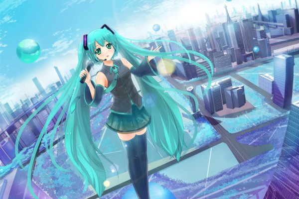 Anime picture 4608x3072 with vocaloid hatsune miku canji0 single looking at viewer blush highres bare shoulders absurdres sky cloud (clouds) very long hair aqua eyes aqua hair city girl thighhighs skirt black thighhighs detached sleeves