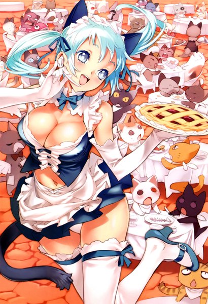 Anime picture 3703x5423 with nishieda single long hair tall image blush highres breasts open mouth blue eyes light erotic twintails animal ears white hair cat ears maid cat girl cat tail girl underwear panties
