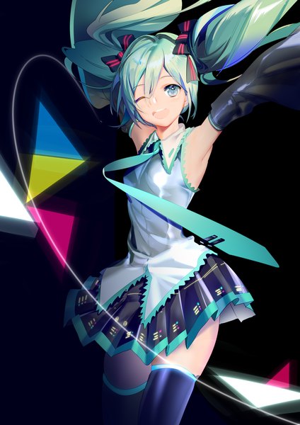Anime-Bild 2480x3508 mit vocaloid hatsune miku yyb single long hair tall image looking at viewer highres open mouth twintails pleated skirt one eye closed green hair wink arms up armpit (armpits) black background girl thighhighs skirt