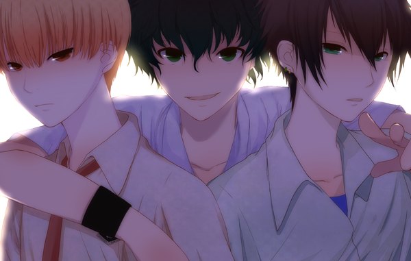 Anime picture 1650x1050 with prince of tennis kirihara akaya hiyoshi wakashi zaizen hikaru shian (my lonly life.) short hair open mouth black hair blonde hair smile brown hair brown eyes green eyes hug curly hair boy earrings shirt necktie wristlet