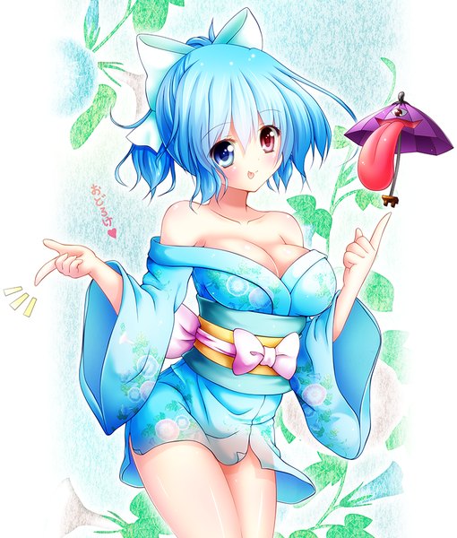 Anime picture 850x1000 with touhou tatara kogasa osashin (osada) single tall image blush short hair breasts blue eyes light erotic smile red eyes large breasts bare shoulders blue hair cleavage ponytail long sleeves traditional clothes japanese clothes