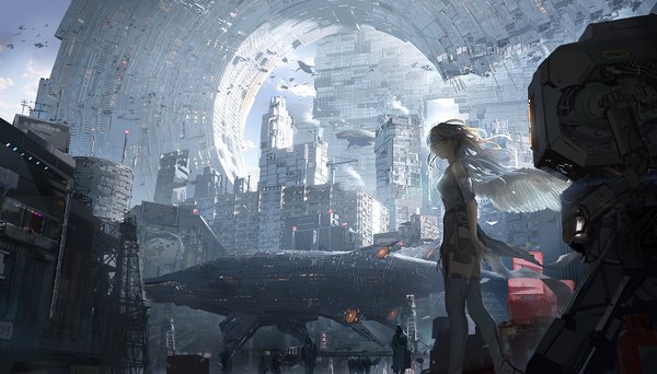 Anime picture 1920x1093 with original qosic long hair highres wide image standing sky silver hair cloud (clouds) outdoors wind orange eyes turning head city cityscape angel wings scenic architecture wind lift girl