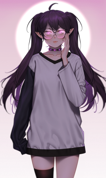Anime picture 1262x2110 with original e7 (runaway162) single long hair tall image looking at viewer fringe black hair simple background hair between eyes twintails ahoge pink eyes pointy ears gradient background sleeves past wrists pink background adjusting glasses girl thighhighs