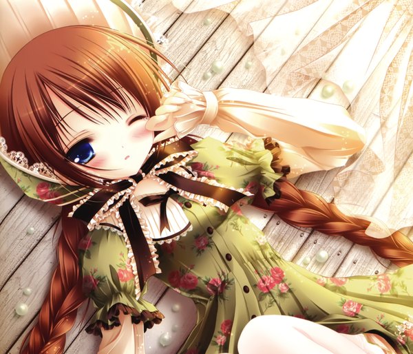 Anime picture 4439x3808 with tinker bell single long hair looking at viewer blush highres blue eyes brown hair absurdres lying braid (braids) one eye closed wink twin braids girl dress headdress teardrop
