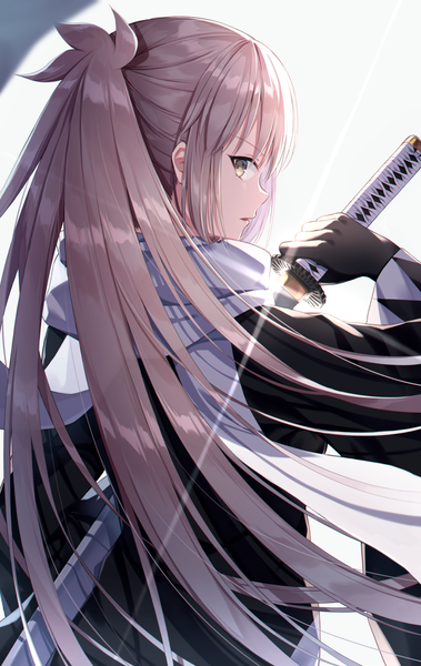 Anime picture 782x1238 with fate (series) fate/grand order koha-ace okita souji (fate) (all) okita souji (koha-ace) nonono (nononotea) single long hair tall image looking at viewer fringe simple background blonde hair hair between eyes white background holding yellow eyes upper body ponytail long sleeves