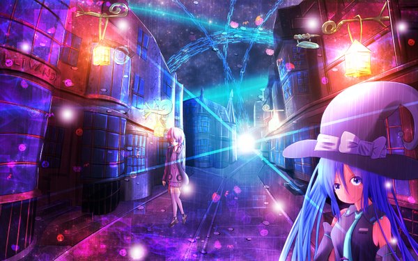 Anime picture 3000x1875 with vocaloid hatsune miku yuzuki yukari kagayan1096 long hair looking at viewer highres blue eyes twintails multiple girls blue hair purple hair lens flare low twintails street girl thighhighs dress bow 2 girls