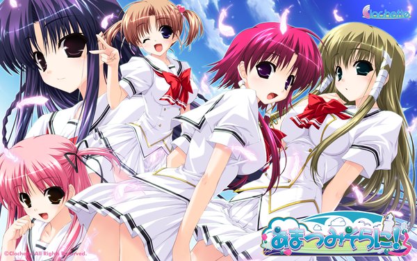 Anime picture 1920x1200 with amatsu misora ni! tobari chisa kiyosumi serika hazuki mikage kanzaki miyu hitotsubashi kanna shintarou long hair looking at viewer blush highres short hair smile brown hair wide image purple eyes twintails multiple girls green eyes pink hair