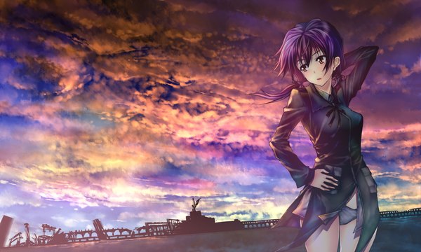 Anime picture 2000x1200 with strike witches gertrud barkhorn tobimaru (artist) single highres light erotic wide image yellow eyes sky purple hair cloud (clouds) girl underwear panties