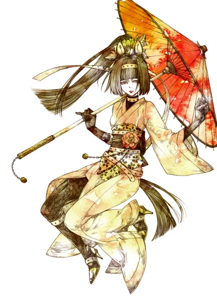 Anime picture 1080x1500 with original itsuiko single long hair tall image looking at viewer fringe white background animal ears yellow eyes bent knee (knees) ponytail tail blunt bangs traditional clothes japanese clothes animal tail grey hair mole mole under eye