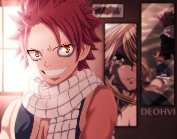 Anime picture 1434x1124 with fairy tail lucy heartfilia natsu dragneel deohvi long hair short hair blonde hair smile yellow eyes pink hair sunlight sleeveless tears grin coloring muscle manga girl boy scarf
