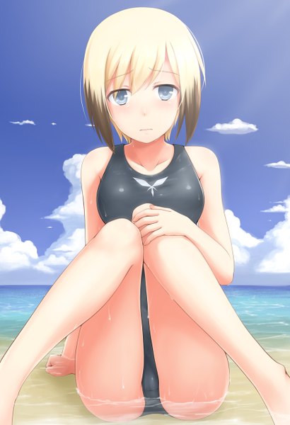 Anime picture 876x1280 with strike witches erica hartmann ricegnat single tall image blush short hair light erotic blonde hair sky cloud (clouds) wet silver eyes girl swimsuit sea