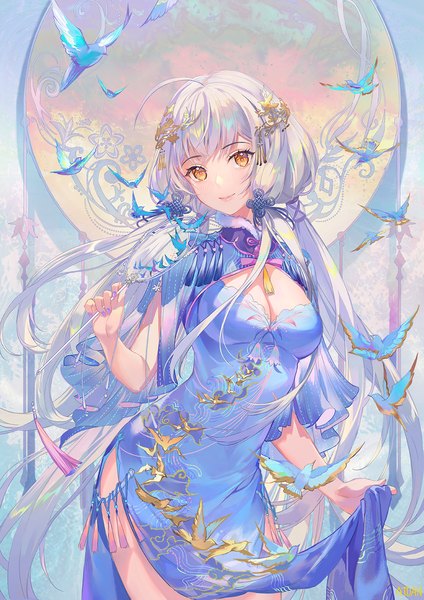 Anime picture 1060x1500 with vocaloid xingchen atdan single tall image looking at viewer blush fringe breasts smile standing holding yellow eyes cleavage silver hair ahoge blunt bangs very long hair nail polish traditional clothes