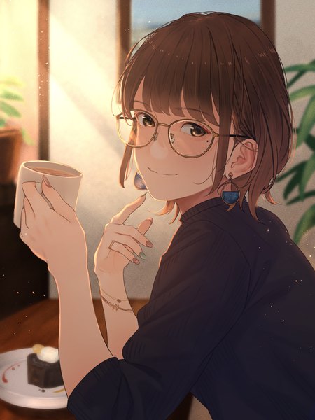 Anime picture 2048x2732 with original saitou (lynx-shrike) single tall image looking at viewer fringe highres short hair smile brown hair sitting holding brown eyes payot upper body indoors blunt bangs nail polish fingernails mole