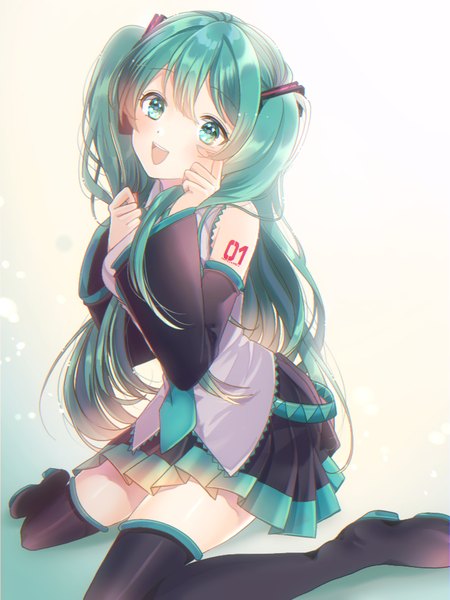 Anime picture 768x1024 with vocaloid hatsune miku konpeito1025 single long hair tall image fringe open mouth hair between eyes sitting twintails :d aqua eyes aqua hair wariza girl detached sleeves boots thigh boots