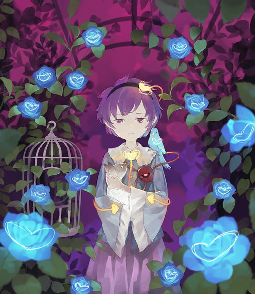 Anime picture 1091x1260 with touhou komeiji satori shihou (g-o-s) single tall image short hair standing pink hair pink eyes wide sleeves expressionless animal on shoulder bird on shoulder girl flower (flowers) animal heart bird (birds) rose (roses) cat